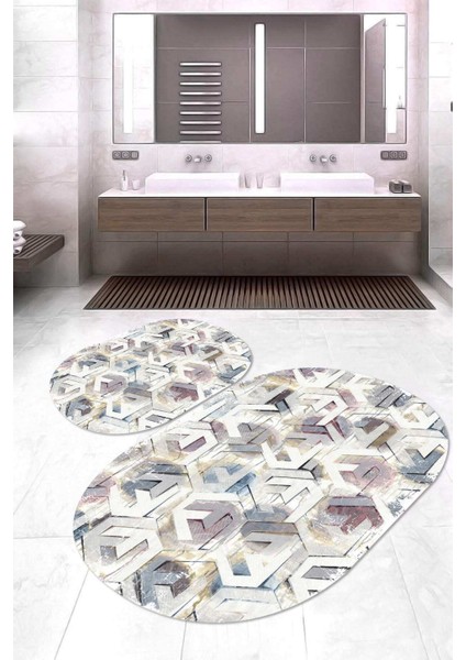Dijital Baskılı Kaymaz Taban Yıkanabilir Oval 2'li Klozet Takımı Banyo Paspası NOKZ-HT-484