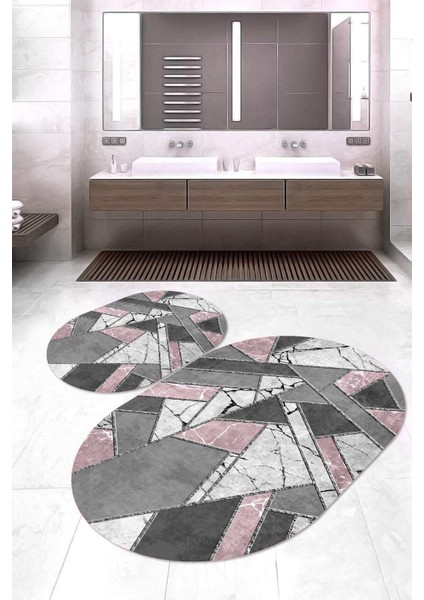 Dijital Baskılı Kaymaz Taban Yıkanabilir Oval 2'li Klozet Takımı Banyo Paspası NOKZ-HT-166