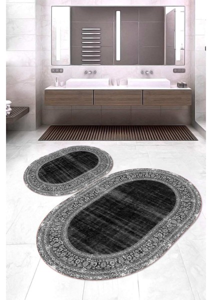 Dijital Baskılı Kaymaz Taban Yıkanabilir Oval 2'li Klozet Takımı Banyo Paspası NOKZ-HT-124