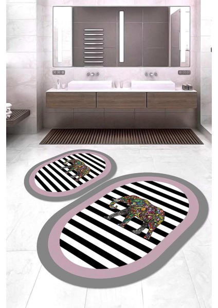 Dijital Baskılı Kaymaz Taban Yıkanabilir Oval 2'li Klozet Takımı Banyo Paspası NOKZ-HS-534