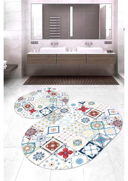 Dijital Baskılı Kaymaz Taban Yıkanabilir Oval 2'li Klozet Takımı Banyo Paspası NOKZ-HS-536