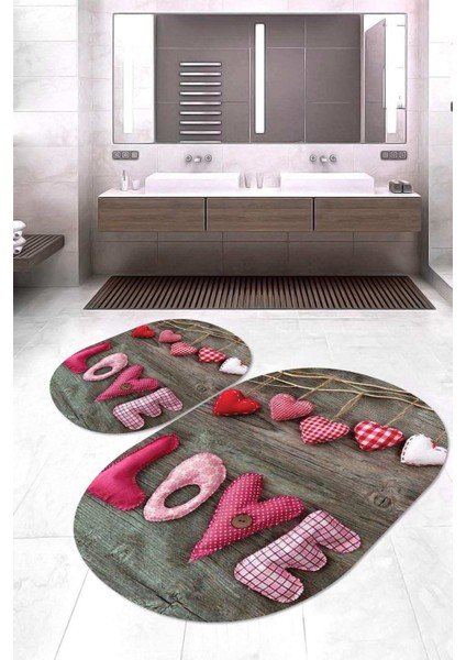 Dijital Baskılı Kaymaz Taban Yıkanabilir Oval 2'li Klozet Takımı Banyo Paspası Nokz-Ht-98