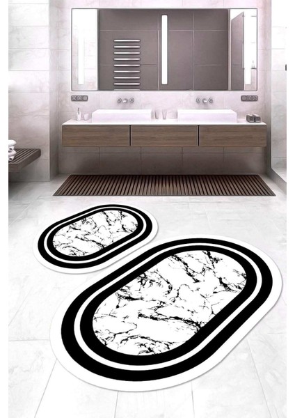 Dijital Baskılı Kaymaz Taban Yıkanabilir Oval 2'li Klozet Takımı Banyo Paspası NOKZ-HY-964