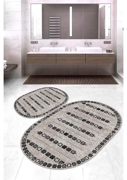 Dijital Baskılı Kaymaz Taban Yıkanabilir Oval 2'li Klozet Takımı Banyo Paspası NOKZ-SD-1015