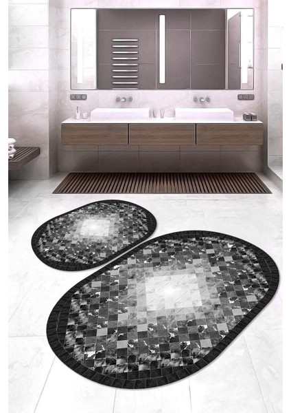 Dijital Baskılı Kaymaz Taban Yıkanabilir Oval 2'li Klozet Takımı Banyo Paspası NOKZ-SD-1022