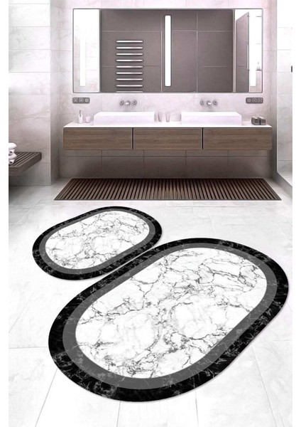 Dijital Baskılı Kaymaz Taban Yıkanabilir Oval 2'li Klozet Takımı Banyo Paspası NOKZ-HT-809