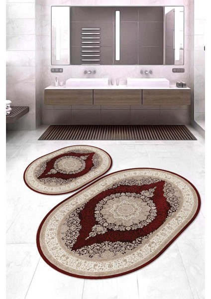 Dijital Baskılı Kaymaz Taban Yıkanabilir Oval 2'li Klozet Takımı Banyo Paspası NOKZ-HT-462