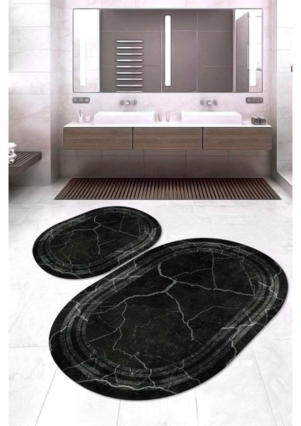 Dijital Baskılı Kaymaz Taban Yıkanabilir Oval 2'li Klozet Takımı Banyo Paspası NOKZ-HY-1336