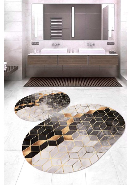 Dijital Baskılı Kaymaz Taban Yıkanabilir Oval 2'li Klozet Takımı Banyo Paspası NOKZ-HT-322