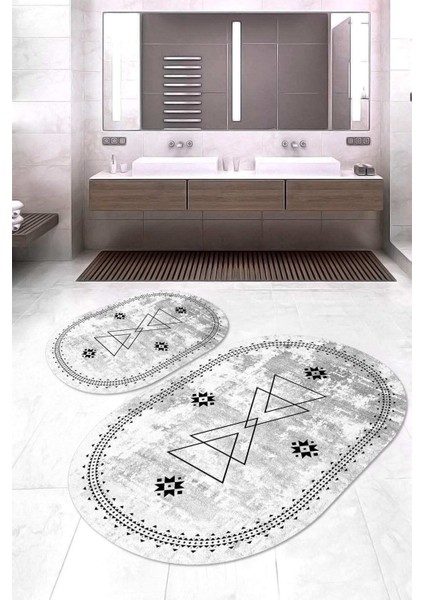 Dijital Baskılı Kaymaz Taban Yıkanabilir Oval 2'li Klozet Takımı Banyo Paspası NOKZ-SD-1030