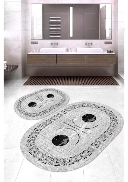 Dijital Baskılı Kaymaz Taban Yıkanabilir Oval 2'li Klozet Takımı Banyo Paspası NOKZ-SD-1069