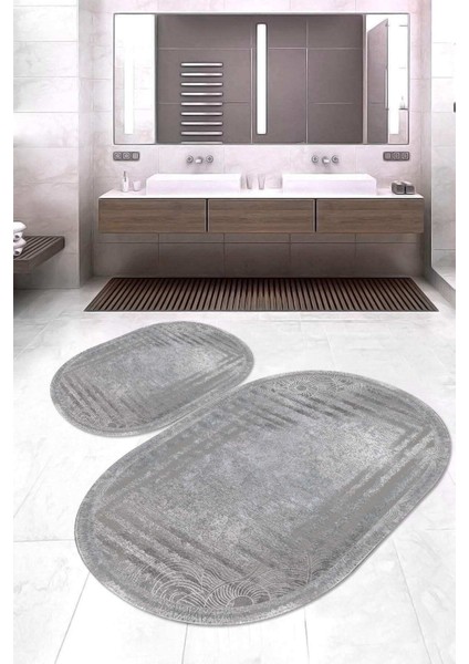 Dijital Baskılı Kaymaz Taban Yıkanabilir Oval 2'li Klozet Takımı Banyo Paspası NOKZ-SD-233