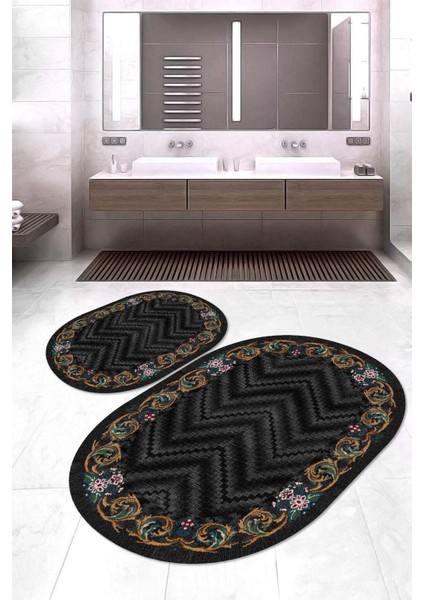 Dijital Baskılı Kaymaz Taban Yıkanabilir Oval 2'li Klozet Takımı Banyo Paspası NOKZ-SD-237