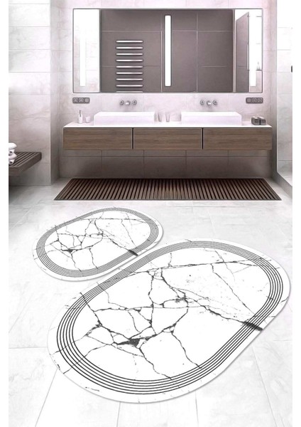 Dijital Baskılı Kaymaz Taban Yıkanabilir Oval 2'li Klozet Takımı Banyo Paspası NOKZ-SD-1089