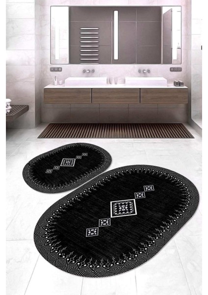 Dijital Baskılı Kaymaz Taban Yıkanabilir Oval 2'li Klozet Takımı Banyo Paspası NOKZ-SD-1108