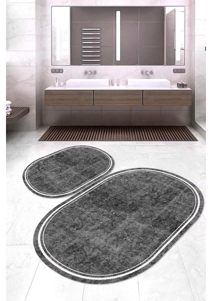 Dijital Baskılı Kaymaz Taban Yıkanabilir Oval 2'li Klozet Takımı Banyo Paspası NOKZ-SD-245