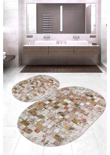 Dijital Baskılı Kaymaz Taban Yıkanabilir Oval 2'li Klozet Takımı Banyo Paspası NOKZ-SD-369