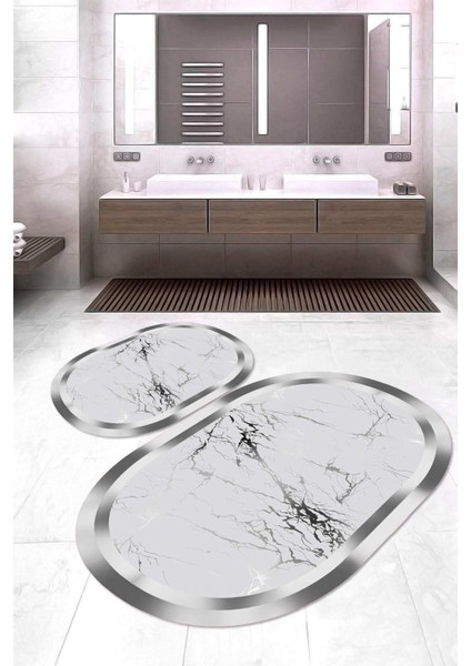 Dijital Baskılı Kaymaz Taban Yıkanabilir Oval 2'li Klozet Takımı Banyo Paspası NOKZ-SD-448