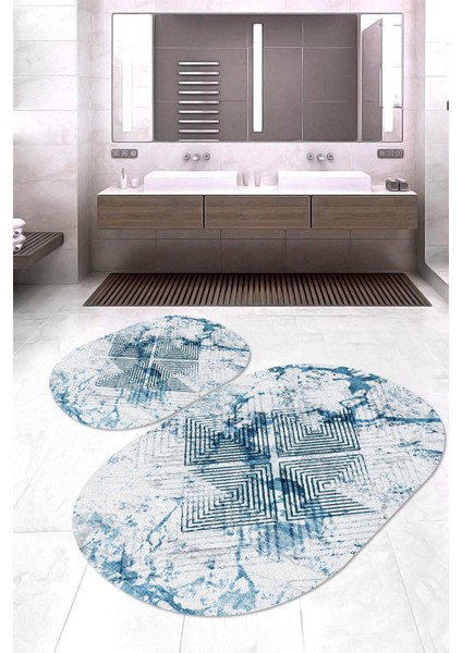 Dijital Baskılı Kaymaz Taban Yıkanabilir Oval 2'li Klozet Takımı Banyo Paspası NOKZ-SD-1037