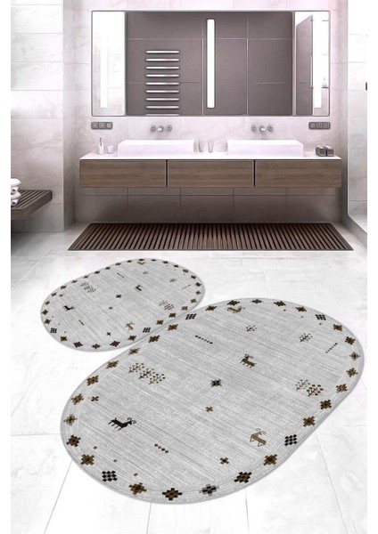Dijital Baskılı Kaymaz Taban Yıkanabilir Oval 2'li Klozet Takımı Banyo Paspası NOKZ-SD-1056