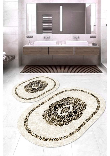 Dijital Baskılı Kaymaz Taban Yıkanabilir Oval 2'li Klozet Takımı Banyo Paspası NOKZ-SD-634