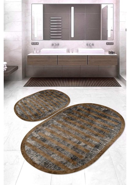 Dijital Baskılı Kaymaz Taban Yıkanabilir Oval 2'li Klozet Takımı Banyo Paspası NOKZ-SD-248