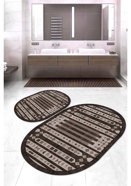 Dijital Baskılı Kaymaz Taban Yıkanabilir Oval 2'li Klozet Takımı Banyo Paspası NOKZ-SD-1116