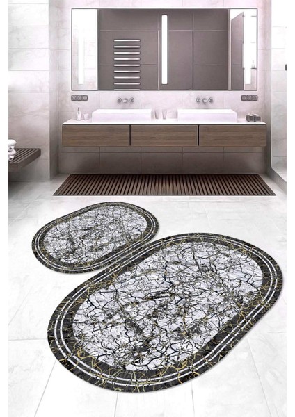 Dijital Baskılı Kaymaz Taban Yıkanabilir Oval 2'li Klozet Takımı Banyo Paspası NOKZ-HY-1253