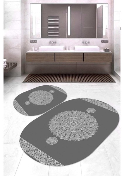 Dijital Baskılı Kaymaz Taban Yıkanabilir Oval 2'li Klozet Takımı Banyo Paspası NOKZ-SD-621