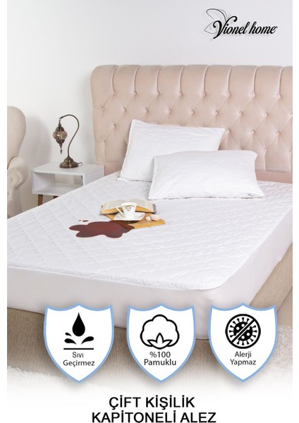 %100 Pamuklu Kapitone, Fitted Full Kenar, Su & Sıvı Geçirmez, Çift Kişilik Yatak Koruyucu Alez 180 x 200