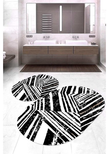 Dijital Baskılı Kaymaz Taban Yıkanabilir Oval 2'li Klozet Takımı Banyo Paspası NOKZ-HS-560