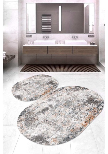 Dijital Baskılı Kaymaz Taban Yıkanabilir Oval 2'li Klozet Takımı Banyo Paspası NOKZ-HT-133