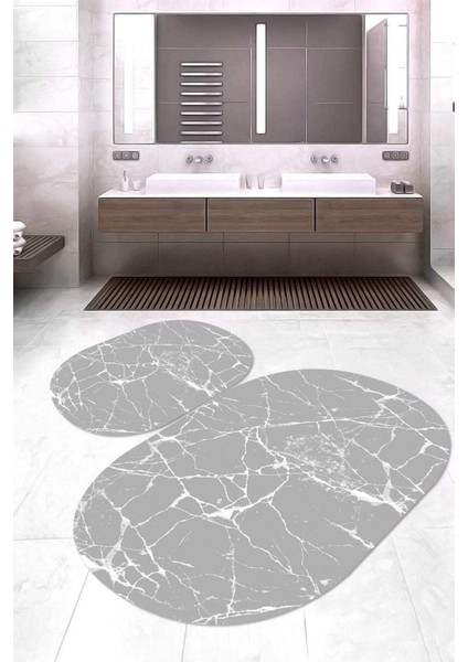 Dijital Baskılı Kaymaz Taban Yıkanabilir Oval 2'li Klozet Takımı Banyo Paspası NOKZ-HT-417
