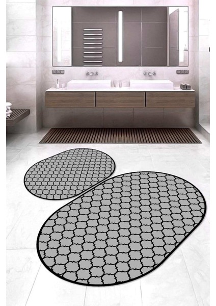 Dijital Baskılı Kaymaz Taban Yıkanabilir Oval 2'li Klozet Takımı Banyo Paspası NOKZ-HT-548