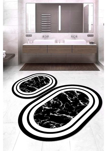 Dijital Baskılı Kaymaz Taban Yıkanabilir Oval 2'li Klozet Takımı Banyo Paspası NOKZ-HY-963
