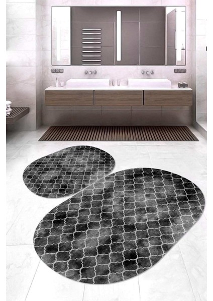 Dijital Baskılı Kaymaz Taban Yıkanabilir Oval 2'li Klozet Takımı Banyo Paspası NOKZ-HS-366