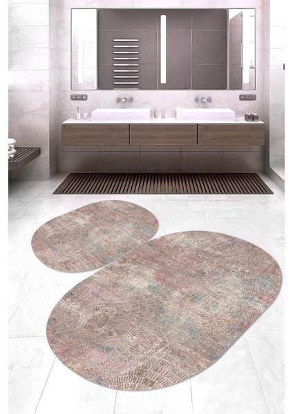 Dijital Baskılı Kaymaz Taban Yıkanabilir Oval 2'li Klozet Takımı Banyo Paspası NOKZ-HT-136