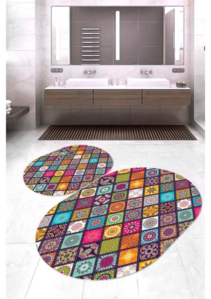 Dijital Baskılı Kaymaz Taban Yıkanabilir Oval 2'li Klozet Takımı Banyo Paspası NOKZ-HS-535