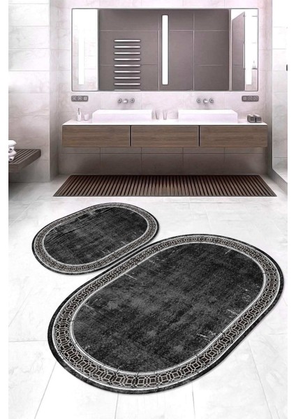 Dijital Baskılı Kaymaz Taban Yıkanabilir Oval 2'li Klozet Takımı Banyo Paspası NOKZ-HT-238