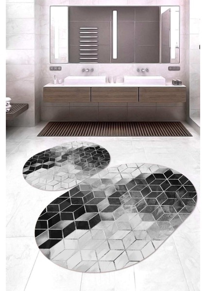 Dijital Baskılı Kaymaz Taban Yıkanabilir Oval 2'li Klozet Takımı Banyo Paspası NOKZ-HT-324