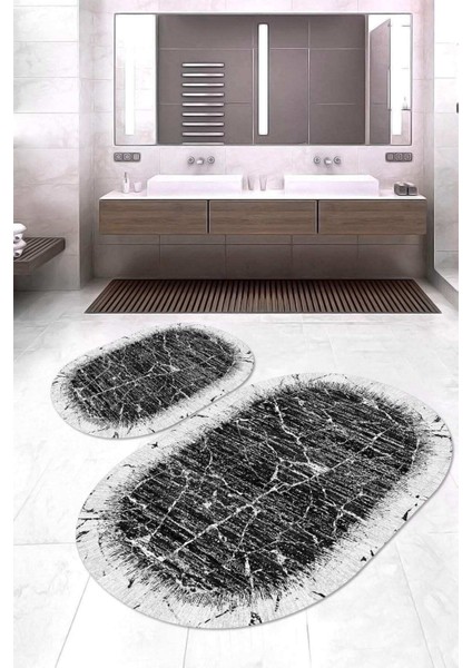 Dijital Baskılı Kaymaz Taban Yıkanabilir Oval 2'li Klozet Takımı Banyo Paspası NOKZ-HY-1256