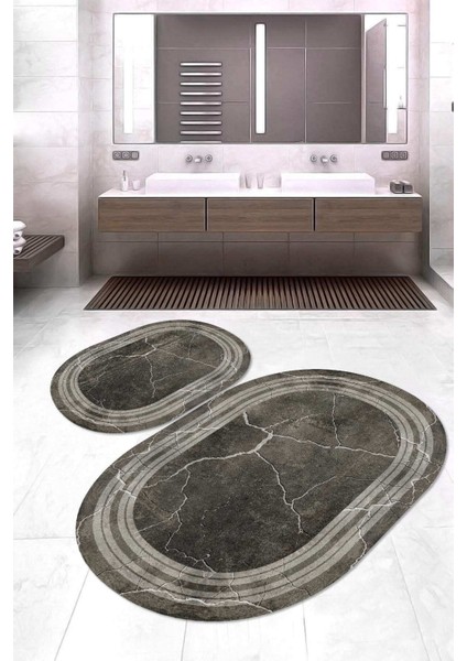 Dijital Baskılı Kaymaz Taban Yıkanabilir Oval 2'li Klozet Takımı Banyo Paspası NOKZ-HY-1337