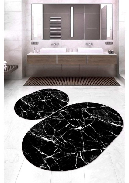 Dijital Baskılı Kaymaz Taban Yıkanabilir Oval 2'li Klozet Takımı Banyo Paspası NOKZ-HT-415