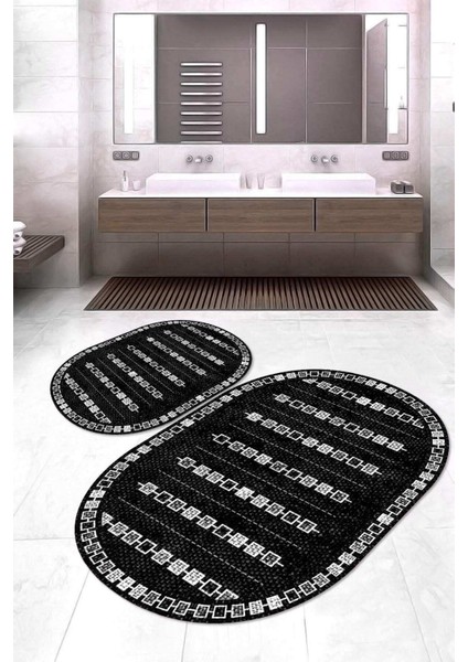 Dijital Baskılı Kaymaz Taban Yıkanabilir Oval 2'li Klozet Takımı Banyo Paspası NOKZ-SD-1013