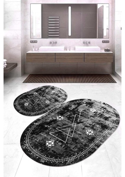 Dijital Baskılı Kaymaz Taban Yıkanabilir Oval 2'li Klozet Takımı Banyo Paspası NOKZ-SD-1034