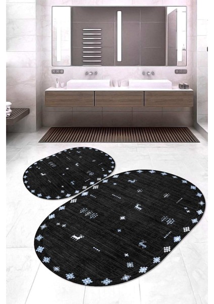 Dijital Baskılı Kaymaz Taban Yıkanabilir Oval 2'li Klozet Takımı Banyo Paspası NOKZ-SD-1057