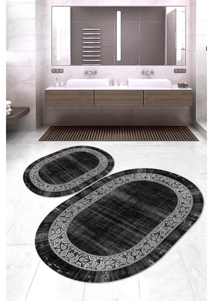 Dijital Baskılı Kaymaz Taban Yıkanabilir Oval 2'li Klozet Takımı Banyo Paspası NOKZ-SD-1076