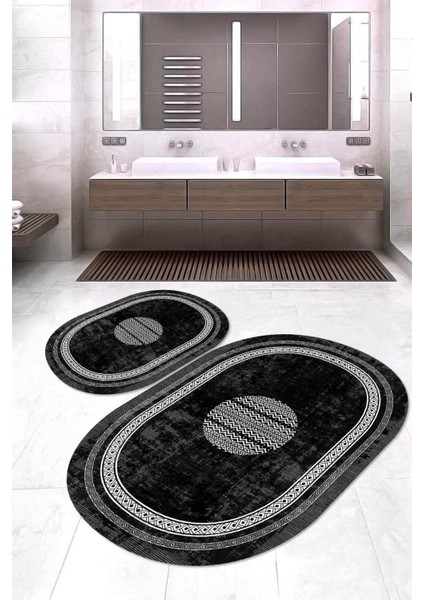 Dijital Baskılı Kaymaz Taban Yıkanabilir Oval 2'li Klozet Takımı Banyo Paspası NOKZ-SD-1082