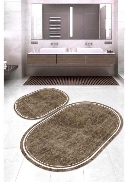 Dijital Baskılı Kaymaz Taban Yıkanabilir Oval 2'li Klozet Takımı Banyo Paspası NOKZ-SD-244
