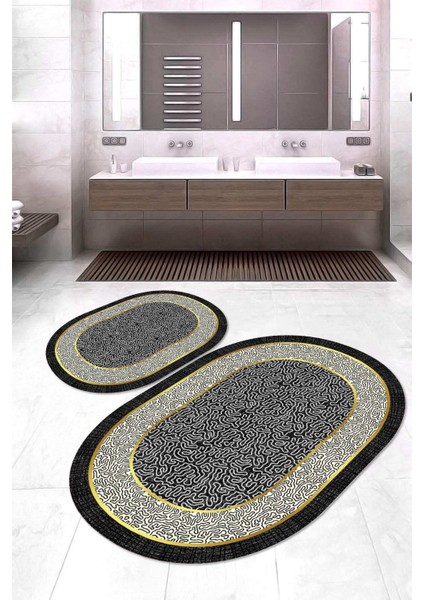 Dijital Baskılı Kaymaz Taban Yıkanabilir Oval 2'li Klozet Takımı Banyo Paspası NOKZ-SD-1073